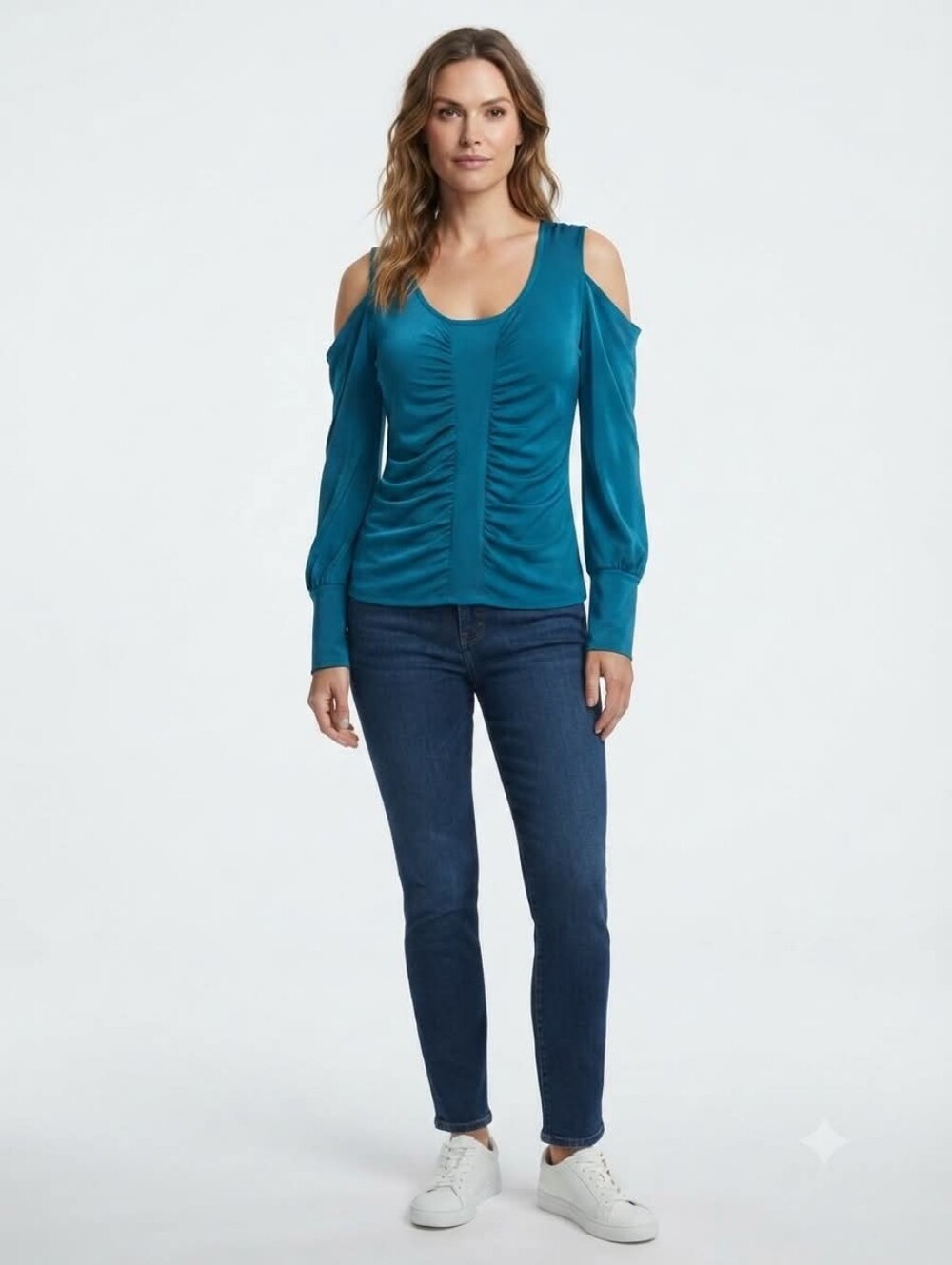 Moda International Blouse Turquoise Cold Shoulder Size Small